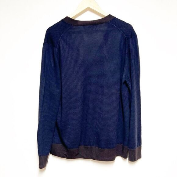 CARDIGAN Brand 100 Merino Wool Boyfriend Button Cardigan Navy Brown Sz L - Picture 2 of 5